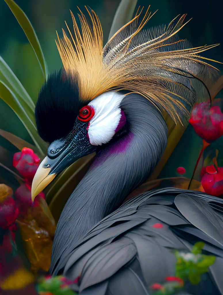 Grijze kroonkraanvogel gegenereert met Midjourney - Grey crowned crane generated with MidJourney